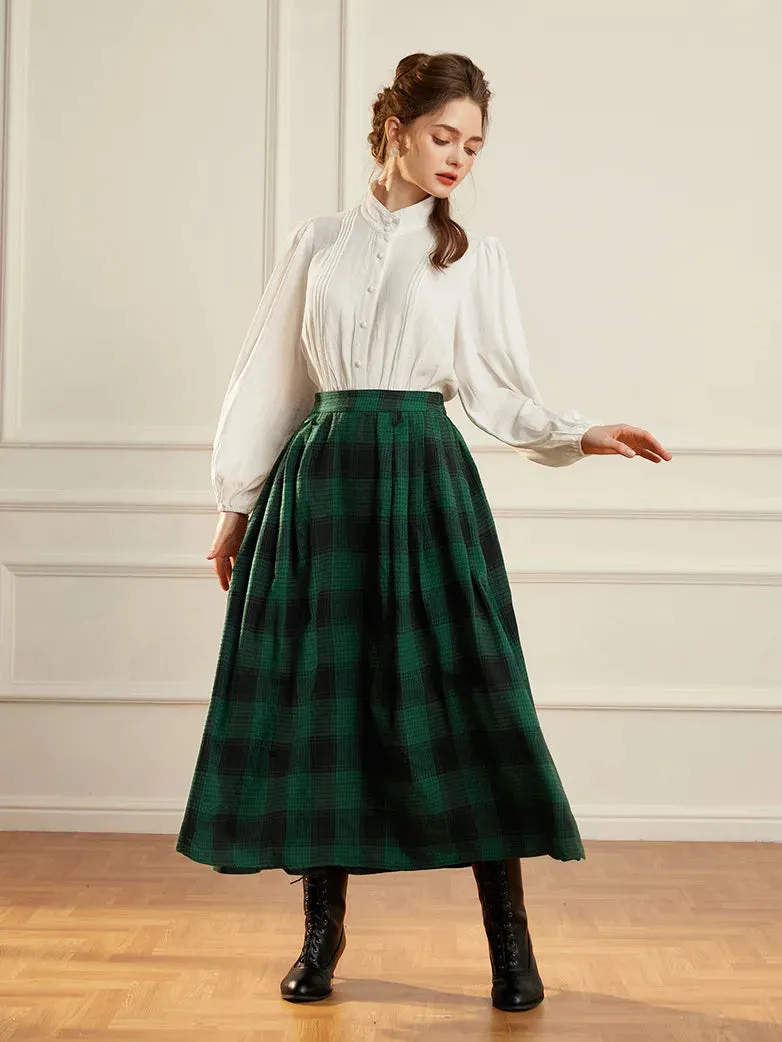 Women Plaided Skirt Buckle up Flared A-Line Swing Skirt