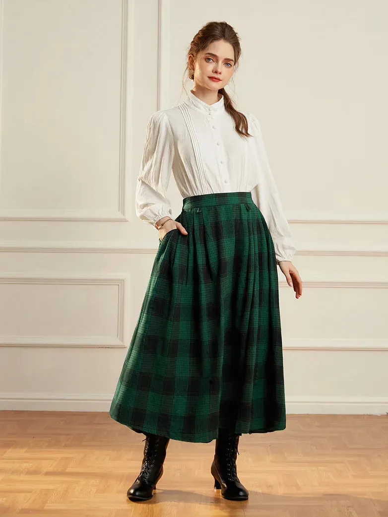 Women Plaided Skirt Buckle up Flared A-Line Swing Skirt