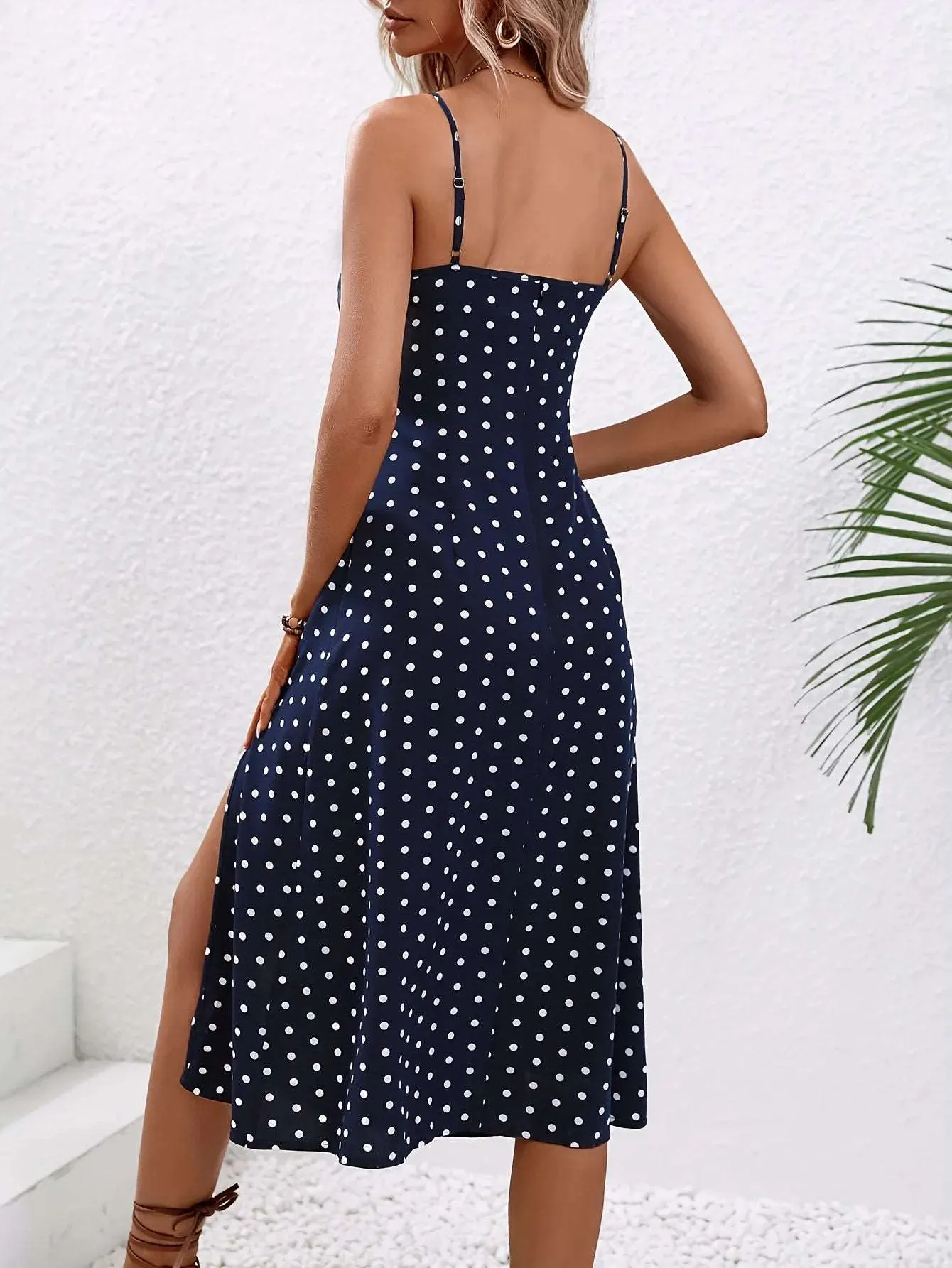 Women's Polka Dot Print Long Suspender Dress with Slit