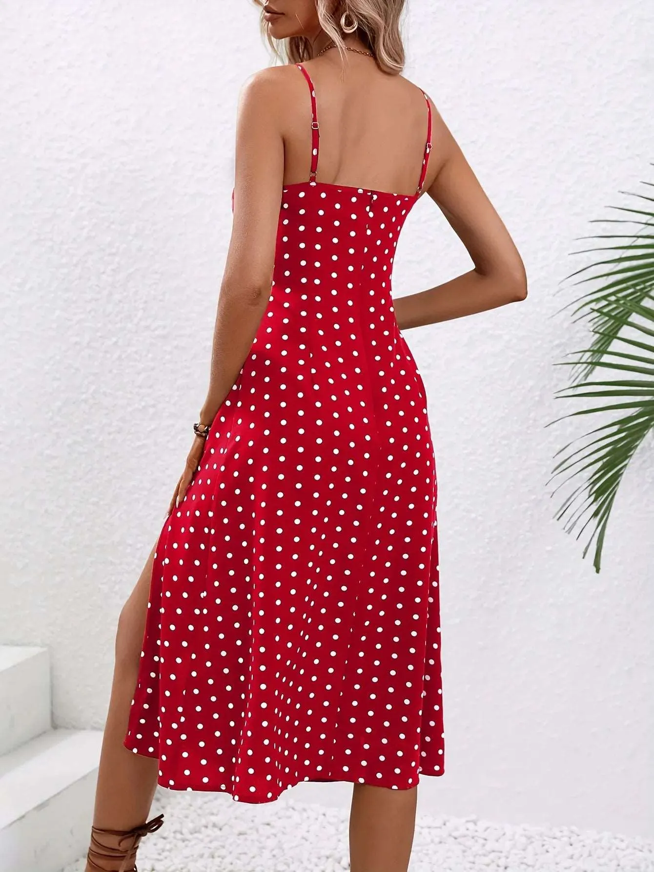 Women's Polka Dot Print Long Suspender Dress with Slit