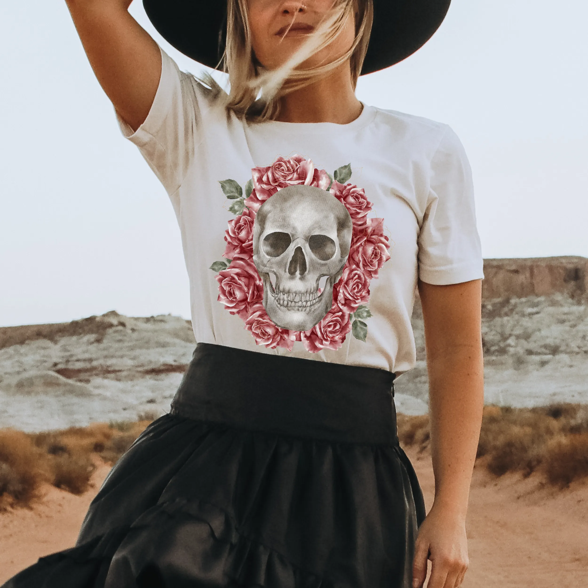 Women's Valentine's Day Gothic Skull and Roses Black or White T-Shirt Goth Dark Heart Design on a Soft Bella Canvas® T-Shirt