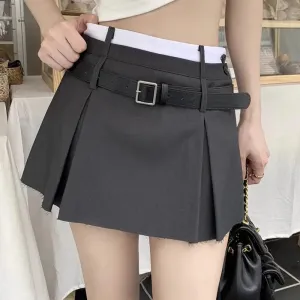 YESMYTOOL  -   Belt Pleated Mini Skirt Women Korean Style Preppy Summer Patchwork High Waist Casual A-line Skirt Shorts Streetwear