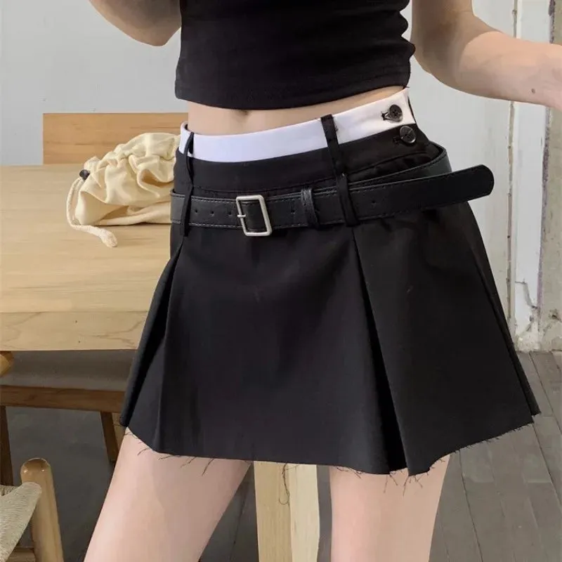 YESMYTOOL  -   Belt Pleated Mini Skirt Women Korean Style Preppy Summer Patchwork High Waist Casual A-line Skirt Shorts Streetwear